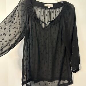 LOFT Black Sheer Polka Dot V-Neck Ruffle Blouse